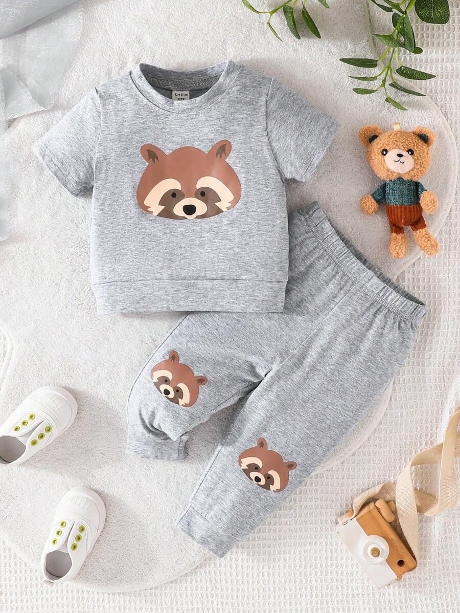男嬰卡通圖案T恤和運動褲 - 灰色 - 查看 1