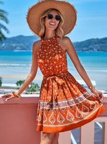 SHEIN VCAY Paisley & Ditsy Floral Print Belted Halter Dress - Multicolor - View 4