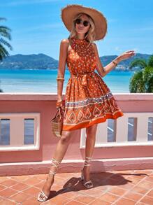 SHEIN VCAY Paisley & Ditsy Floral Print Belted Halter Dress - Multicolor - View 5