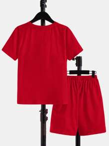 SHEIN 青少年男孩字母圖案t恤和束腰短褲 - 紅色 - 查看 2
