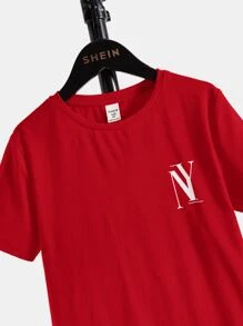 SHEIN 青少年男孩字母圖案t恤和束腰短褲 - 紅色 - 查看 3