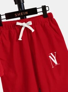 SHEIN 青少年男孩字母圖案t恤和束腰短褲 - 紅色 - 查看 4