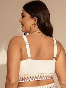 SHEIN Swim Curve Plus Chevron Print Ribbed Knit Bikini Top - White - View 2