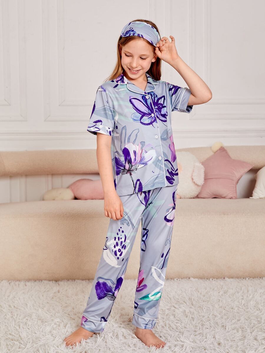 SHEIN 女孩印花西裝領睡衣套裝 - 灰色 - 查看 1