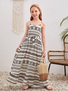 SHEIN Đầm Gái Thắt lưng Hình học Tất cả trên in Giải trí - Đen và trắng - Xem 1