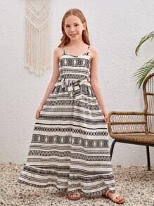 SHEIN Đầm Gái Thắt lưng Hình học Tất cả trên in Giải trí - Đen và trắng - Xem 3