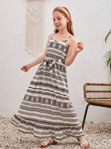 SHEIN Đầm Gái Thắt lưng Hình học Tất cả trên in Giải trí - Đen và trắng - Xem 5