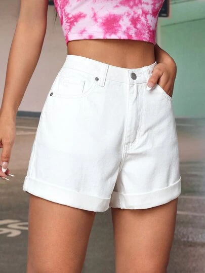 SHEIN EZwear Solid Roll Up Hem Denim Shorts