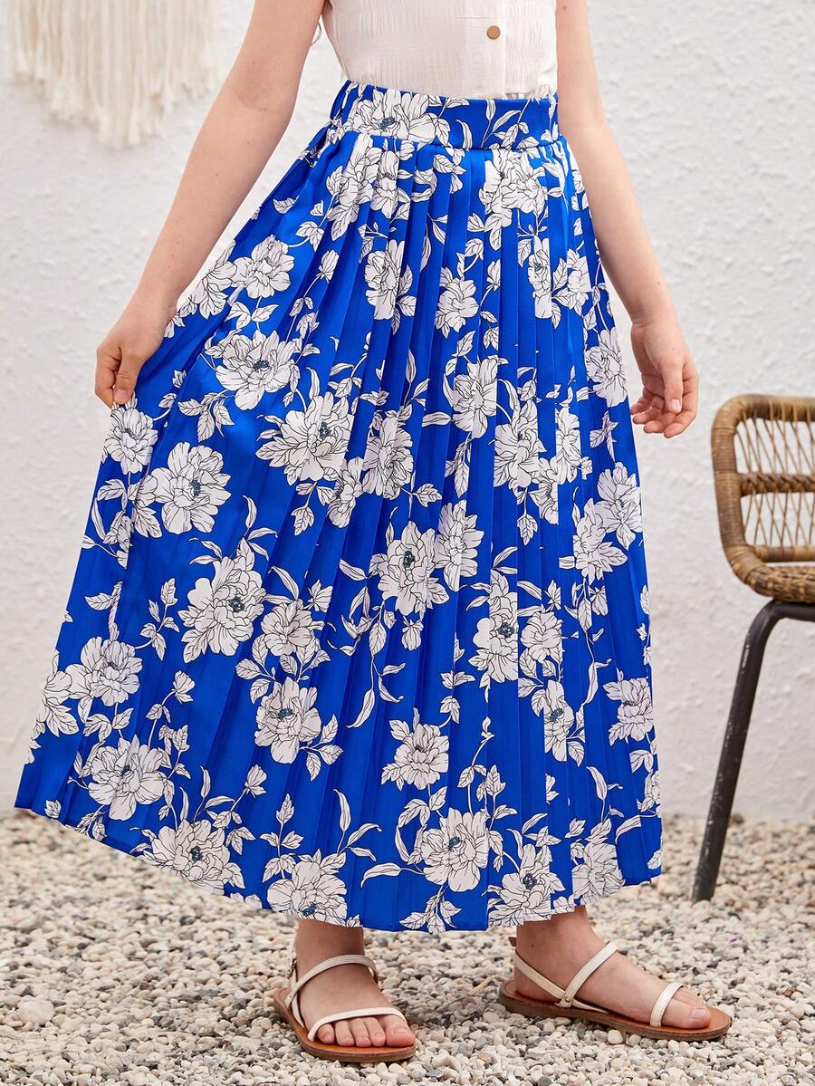 SHEIN 女孩印花百褶半身裙