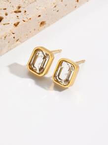 1對魅力四射不銹鋼方晶鋯石裝飾耳釘適用於女士日常裝飾 - 金黃色 - 查看 1