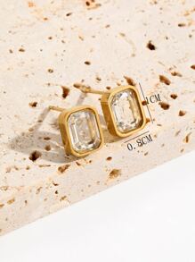 1對魅力四射不銹鋼方晶鋯石裝飾耳釘適用於女士日常裝飾 - 金黃色 - 查看 3