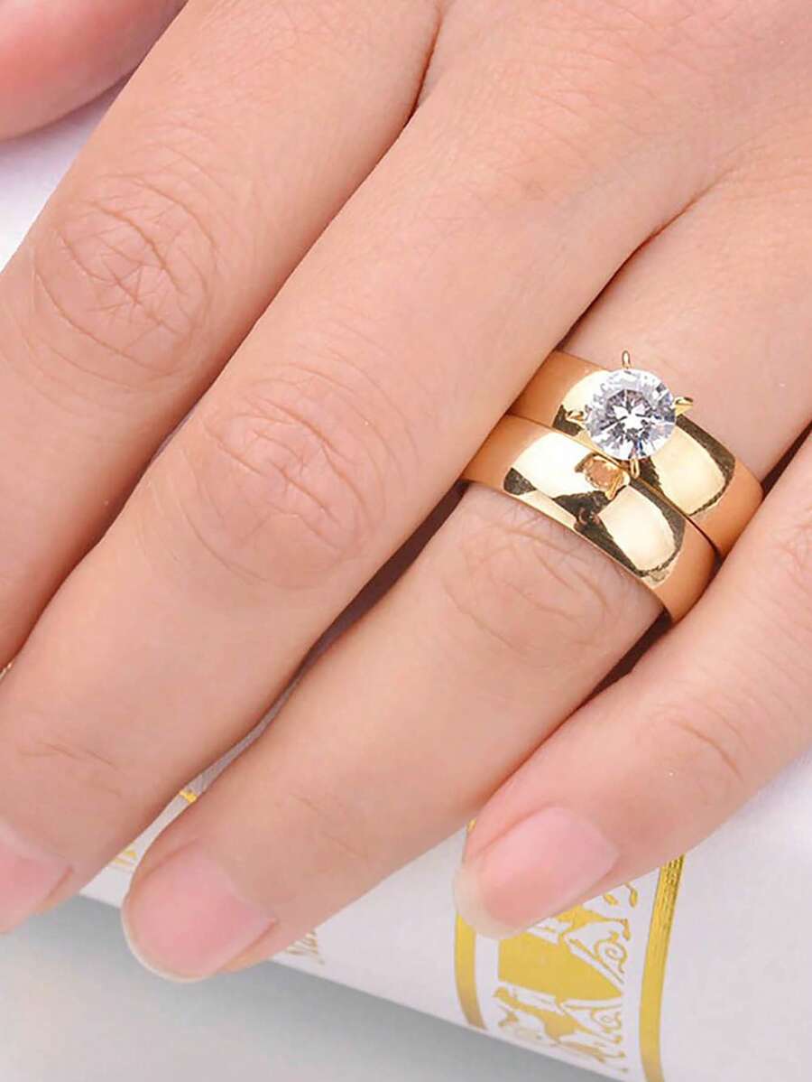 2 cái/bộ Nhẫn Trang Trí Đá Kim Cương Giả Bằng Thép Không Gỉ Quyến Rũ Cho Nam Để Trang Trí Hàng Ngày - Vàng - Xem 1