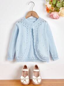 SHEIN 小女童貝殼邊孔眼細節開襟衫 - 淺藍色 - 查看 1