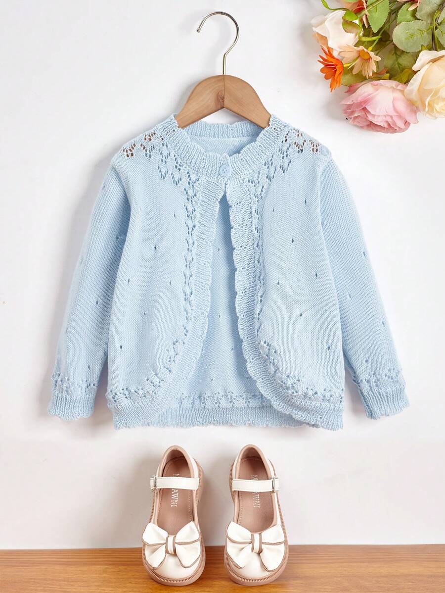 SHEIN 小女童貝殼邊孔眼細節開襟衫 - 淺藍色 - 查看 1