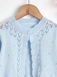 SHEIN 小女童貝殼邊孔眼細節開襟衫 - 淺藍色 - 查看 3