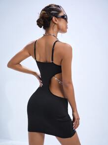 SHEIN ICON Chain Detail Cut Out Waist Ruched Side Cami Bodycon Dress - Black - View 6
