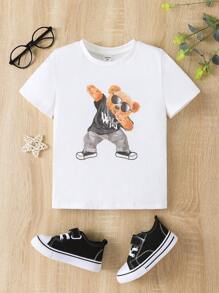 SHEIN 小男童小熊印花T恤 - 白色 - 查看 1