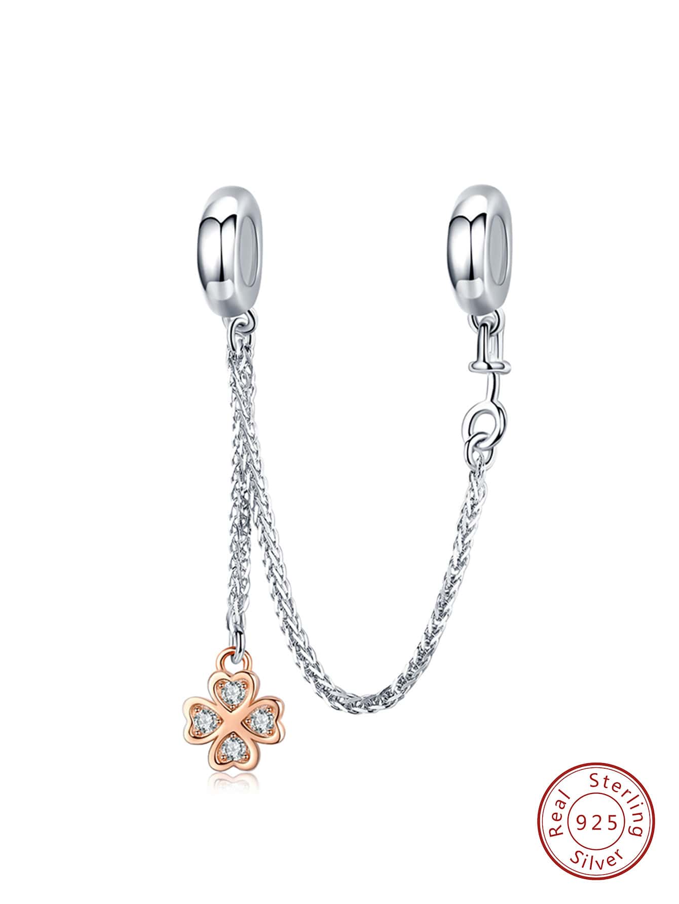 ESBERRY 1入組時尚方晶鋯石四葉草和鏈條裝飾銀DIY珠子適用於女士DIY首飾製作 - 銀色 - 查看 1