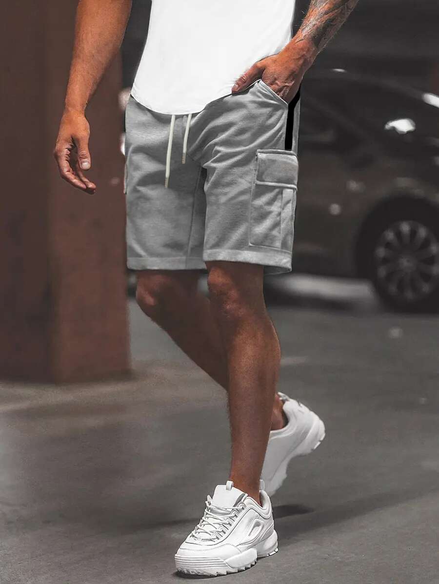 Manfinity LEGND Men's Loose Fit Cargo Shorts With Flap Pockets, Side Drawstring Waist - Grey - View 1
