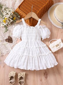SHEIN Bebé Vestido unicolor de hombros descubiertos ribete fruncido bajo con fruncido - Blanco - Ver 1