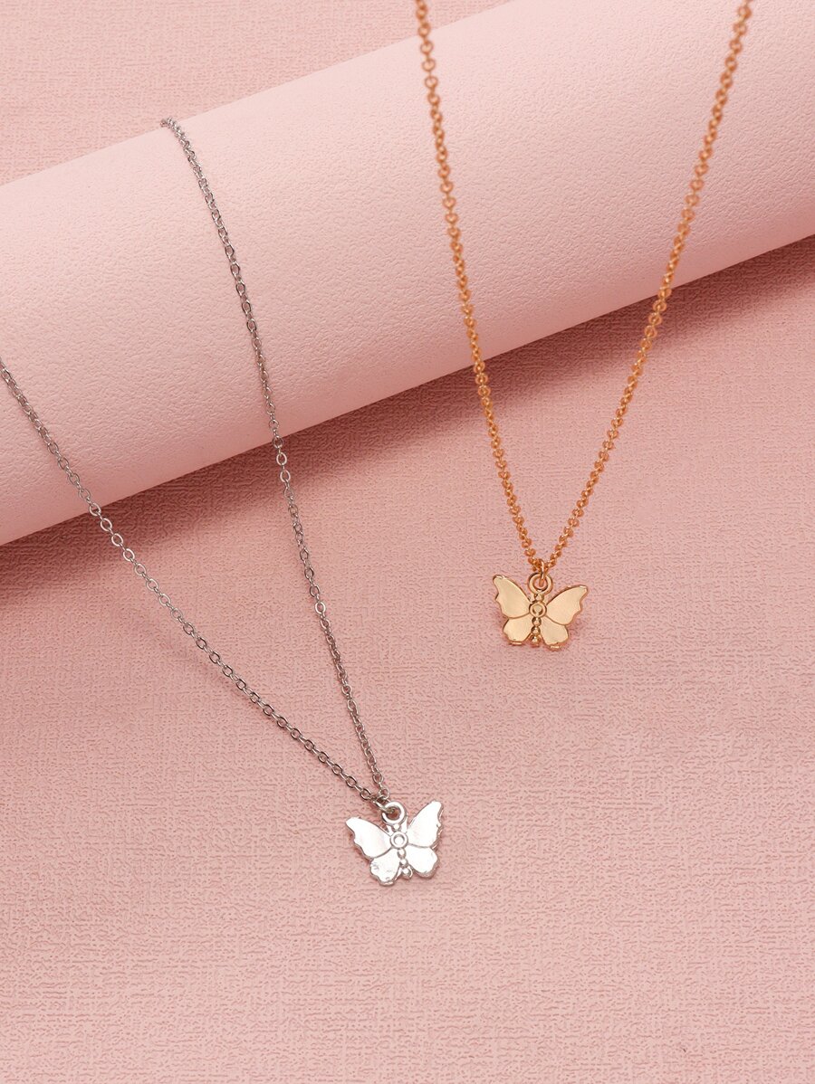 1入組蝴蝶吊墜項鍊,不銹鋼首飾類 - 銀色 - 查看 1