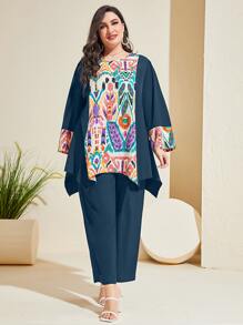 Mulvari con estampado de dibujo bajo asimétrico Top & Pantalones de pierna ancha - Agua verde azul - Ver 1