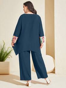 Mulvari con estampado de dibujo bajo asimétrico Top & Pantalones de pierna ancha - Agua verde azul - Ver 2