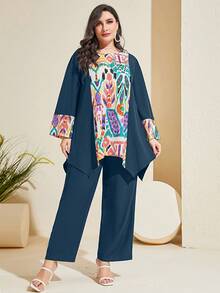 Mulvari con estampado de dibujo bajo asimétrico Top & Pantalones de pierna ancha - Agua verde azul - Ver 3