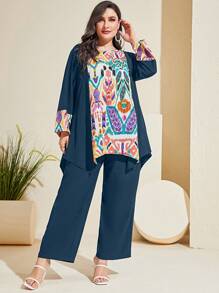 Mulvari con estampado de dibujo bajo asimétrico Top & Pantalones de pierna ancha - Agua verde azul - Ver 4