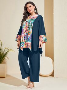 Mulvari con estampado de dibujo bajo asimétrico Top & Pantalones de pierna ancha - Agua verde azul - Ver 5