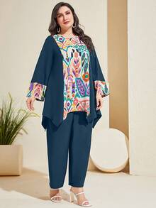 Mulvari con estampado de dibujo bajo asimétrico Top & Pantalones de pierna ancha - Agua verde azul - Ver 6