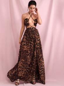 LOVE&LEMONADE Leopard Print Crisscross Tie Backless Halter Dress - Brown - View 1
