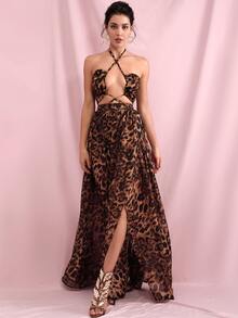 LOVE&LEMONADE Leopard Print Crisscross Tie Backless Halter Dress - Brown - View 4