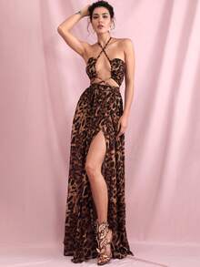 LOVE&LEMONADE Leopard Print Crisscross Tie Backless Halter Dress - Brown - View 5