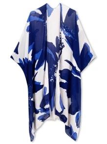 Floral Print Kimono, For Summer Beach Vacation - Blue and White - View 2