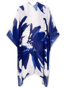 Floral Print Kimono, For Summer Beach Vacation - Blue and White - View 3