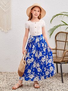 SHEIN 女孩印花百褶半身裙