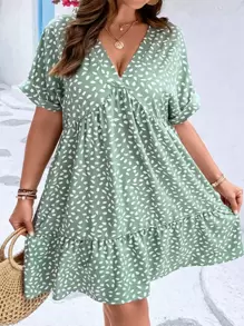 SHEIN VCAY Plus Dalmatian Print Batwing Sleeve Ruffle Hem Smock Dress - Green - View 1