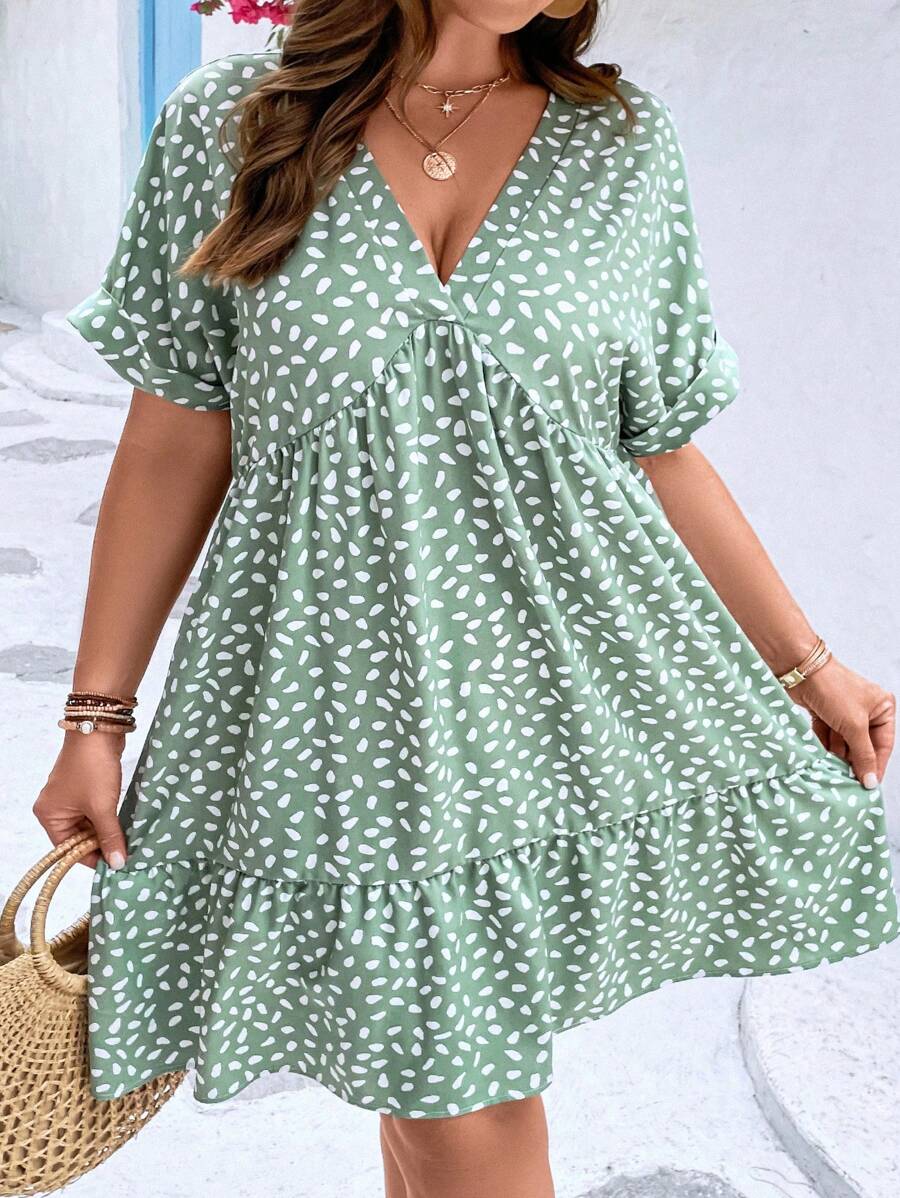 SHEIN VCAY Plus Dalmatian Print Batwing Sleeve Ruffle Hem Smock Dress - Green - View 1