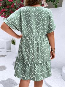 SHEIN VCAY Plus Dalmatian Print Batwing Sleeve Ruffle Hem Smock Dress - Green - View 2