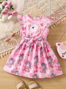 SHEIN Cô Gái Trẻ Màu hồng Nhuộm buộc Hoạt hình Dấu chấm In Ngắn tay Đầm Với Tròn Đường viền cổ áo Và Ruffled Hem Cho mùa hè - Hồng - Xem 1
