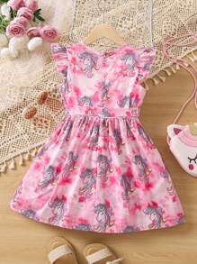 SHEIN Cô Gái Trẻ Màu hồng Nhuộm buộc Hoạt hình Dấu chấm In Ngắn tay Đầm Với Tròn Đường viền cổ áo Và Ruffled Hem Cho mùa hè - Hồng - Xem 2