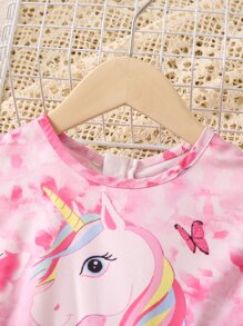SHEIN Cô Gái Trẻ Màu hồng Nhuộm buộc Hoạt hình Dấu chấm In Ngắn tay Đầm Với Tròn Đường viền cổ áo Và Ruffled Hem Cho mùa hè - Hồng - Xem 3