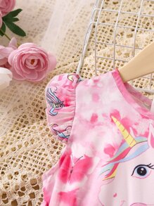 SHEIN Cô Gái Trẻ Màu hồng Nhuộm buộc Hoạt hình Dấu chấm In Ngắn tay Đầm Với Tròn Đường viền cổ áo Và Ruffled Hem Cho mùa hè - Hồng - Xem 4
