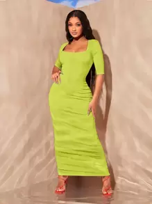 SHEIN SXY Solid Square Neck Bodycon Dress - Lime Green - View 1