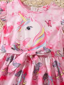 SHEIN Cô Gái Trẻ Màu hồng Nhuộm buộc Hoạt hình Dấu chấm In Ngắn tay Đầm Với Tròn Đường viền cổ áo Và Ruffled Hem Cho mùa hè - Hồng - Xem 5
