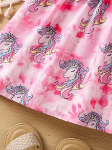 SHEIN Cô Gái Trẻ Màu hồng Nhuộm buộc Hoạt hình Dấu chấm In Ngắn tay Đầm Với Tròn Đường viền cổ áo Và Ruffled Hem Cho mùa hè - Hồng - Xem 6