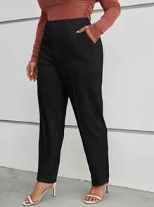 大码纯色简约日常穿着前缝西装裤 - 黑色 - 查看 3