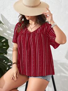 SHEIN LUNE Plus Geo Print V Neck Blouse - Burgundy - View 1