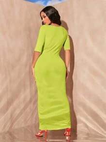 SHEIN SXY Solid Square Neck Bodycon Dress - Lime Green - View 2